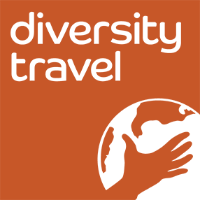 square Diversity Travel logo with orange background that reads 'diversity travel' featuring a graphic of a hand on the earth
